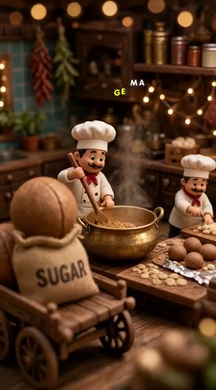 Tilt-shift macro video showing tiny miniature chef figurines… — AI cartoon