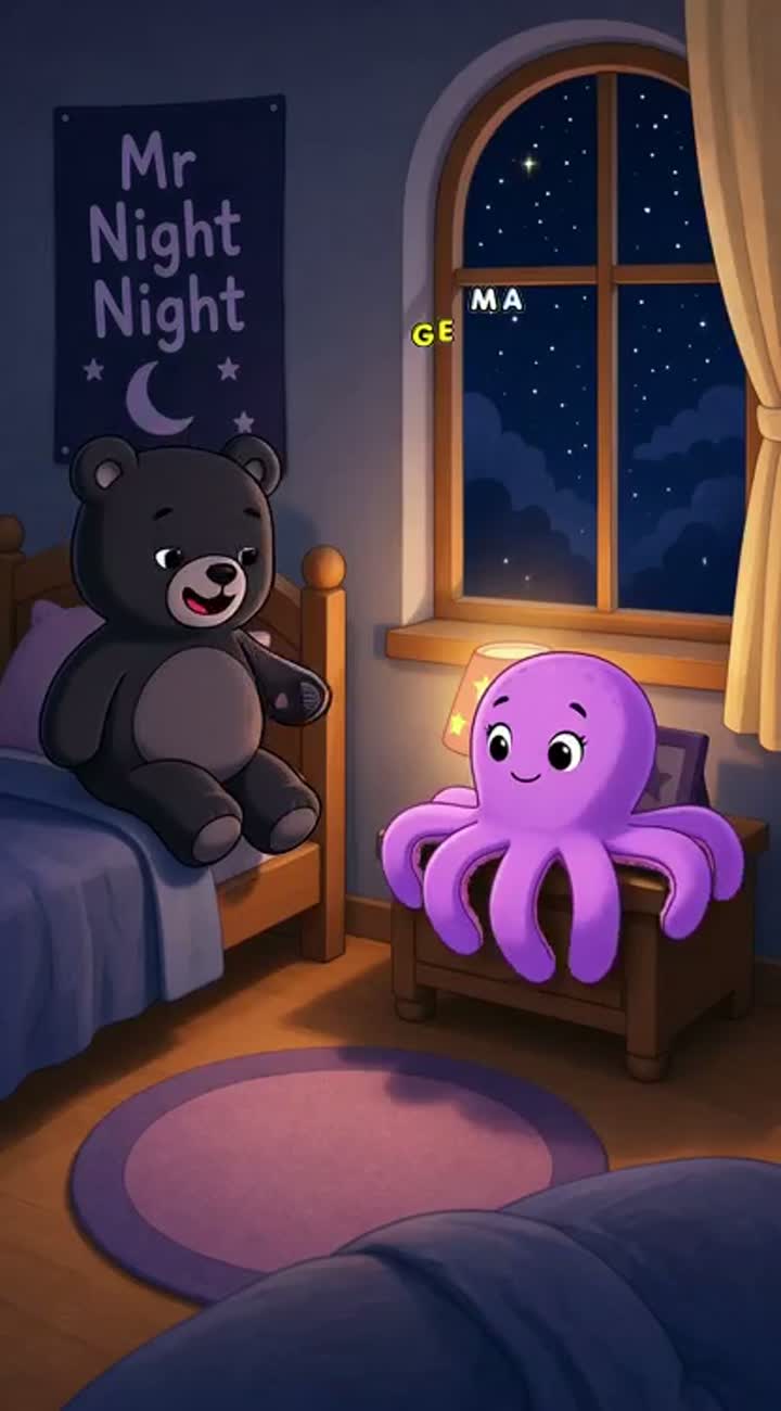 Cartoon about a stuffed black bear named Mr night night and octo… — AI cartoon