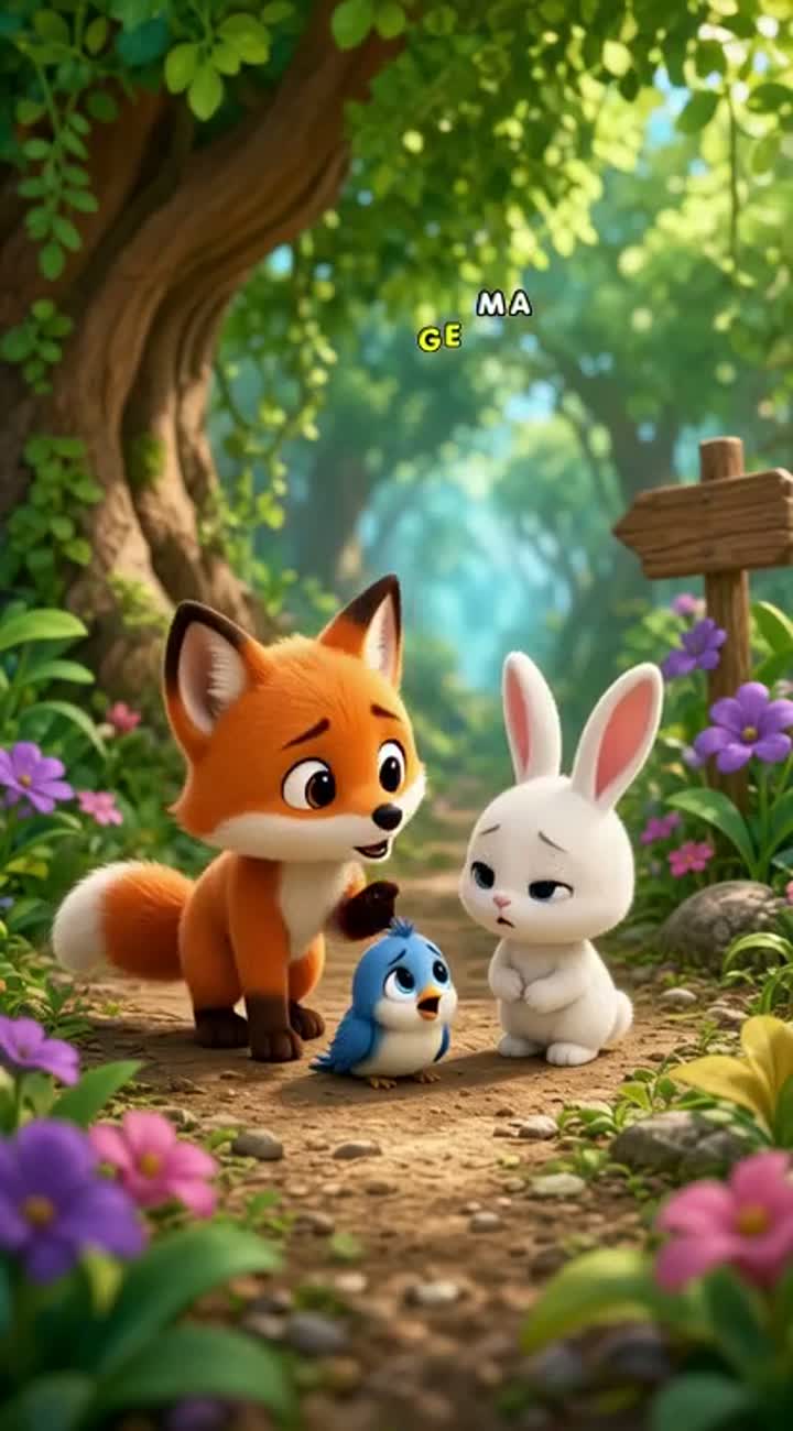 A little orange fox and a small white rabbit find a lost blue bird… — AI cartoon