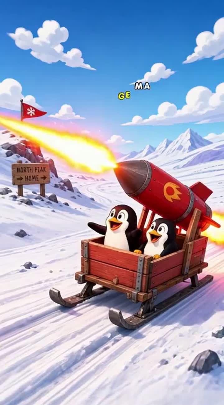 Two penguins racing a home-made rocket sled — AI cartoon