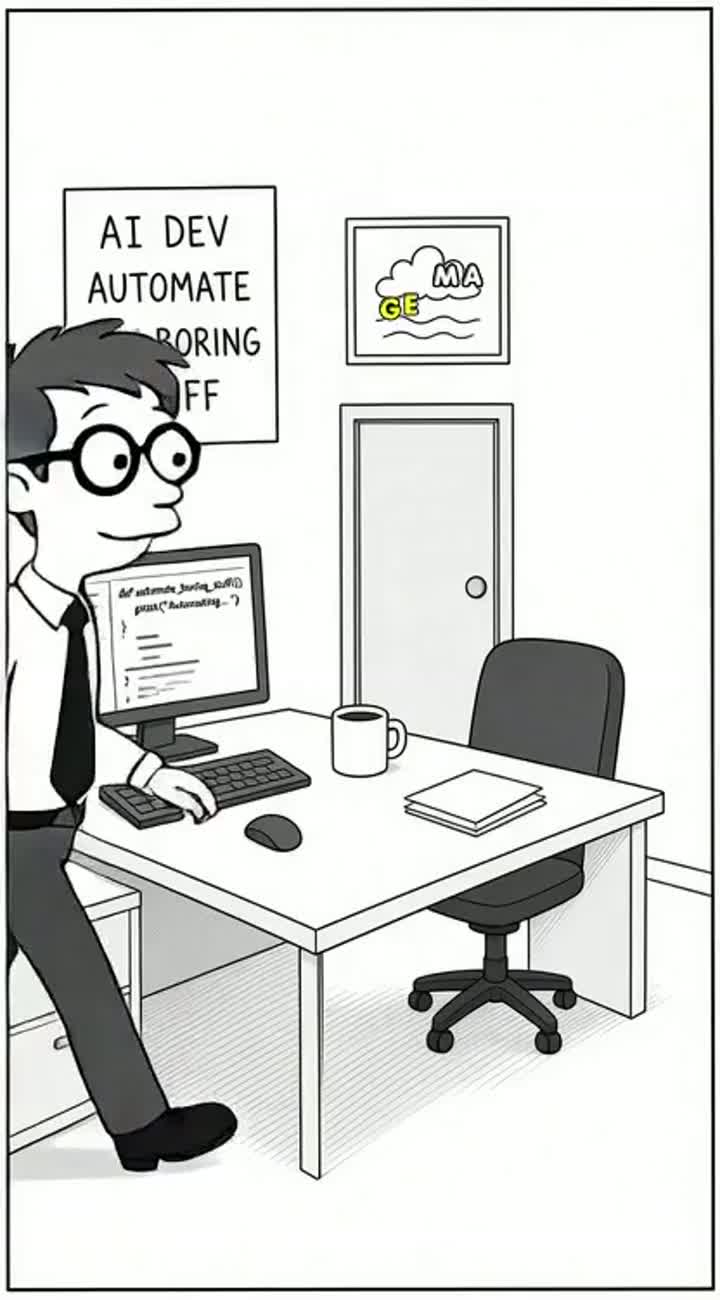A nerdy ai developer figuring out how to automate work in the office — AI cartoon