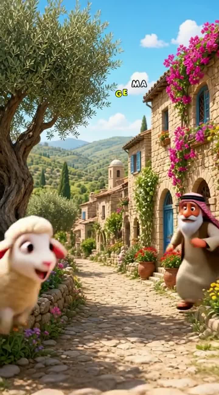 A funny 3D cartoon of a cute little sheep running after an old… — AI cartoon