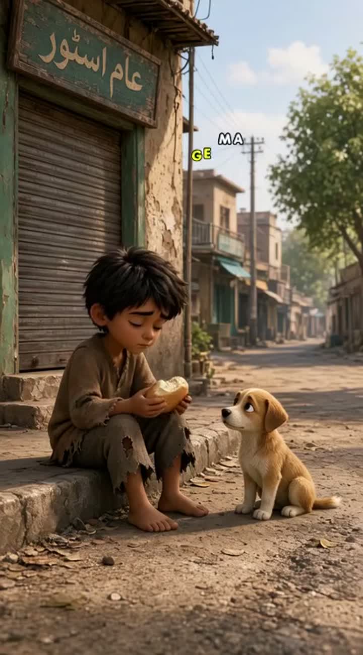 A poor boy sits by the roadside, holding his only piece of bread — AI cartoon