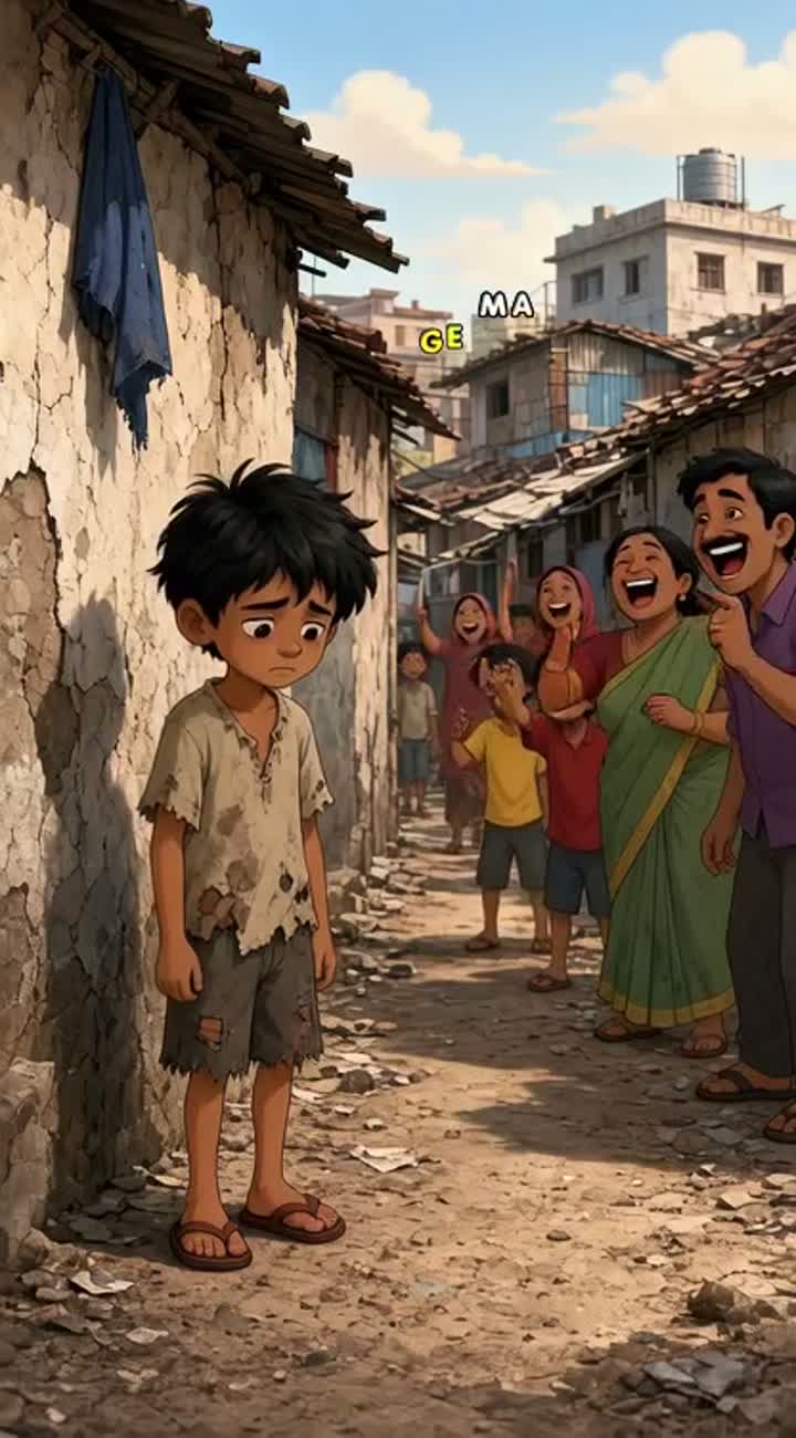 A small, poor-looking cartoon boy gets laughed at by everyone… — AI cartoon
