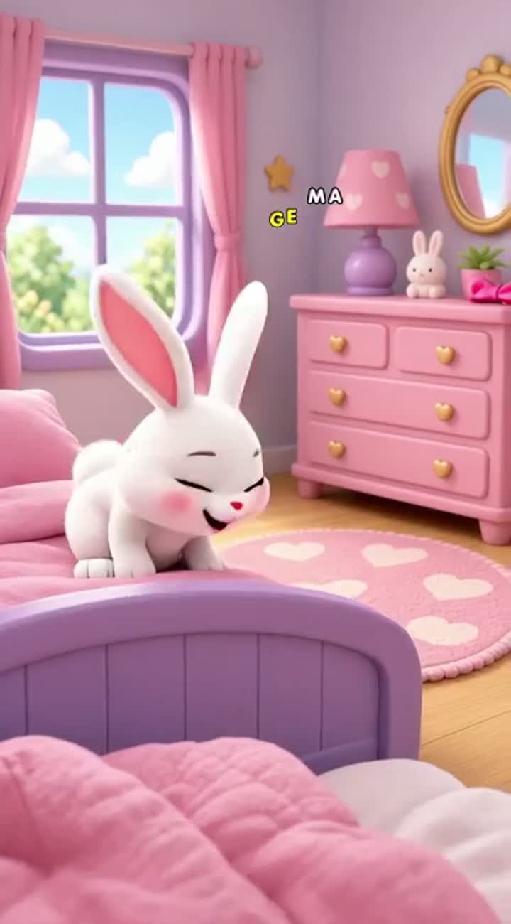 Cute 3D cartoon bunny jumps out of bed and happily runs toward… — AI cartoon