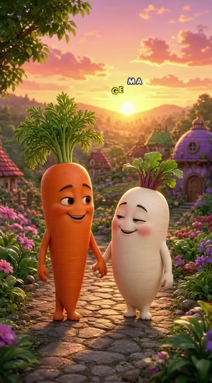 Same adult carrot and radish characters standing together under… — AI cartoon
