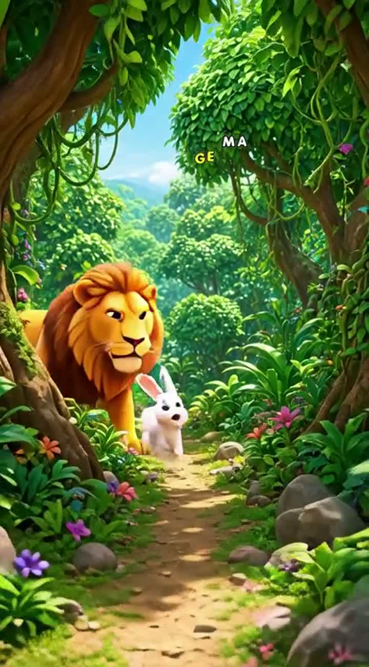 A big lion scares the animals in a beautiful green jungle — AI cartoon
