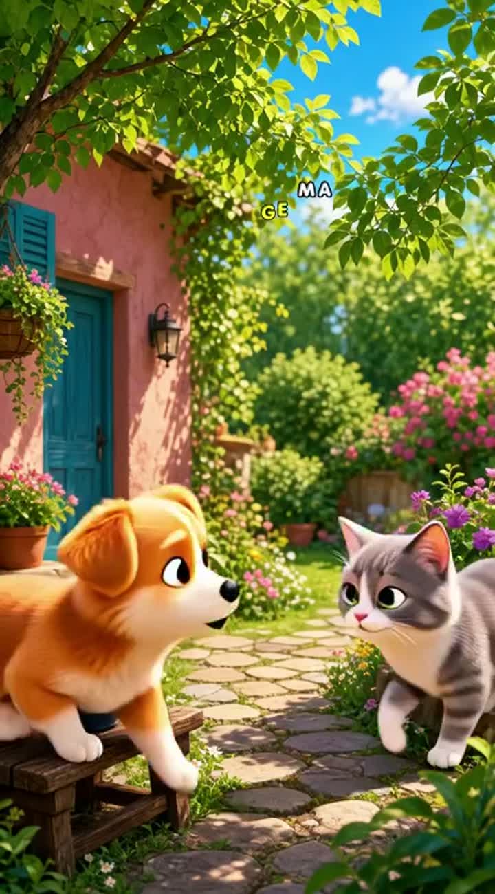 A cute dog and a cute cat, with smooth, fluid animation — AI cartoon