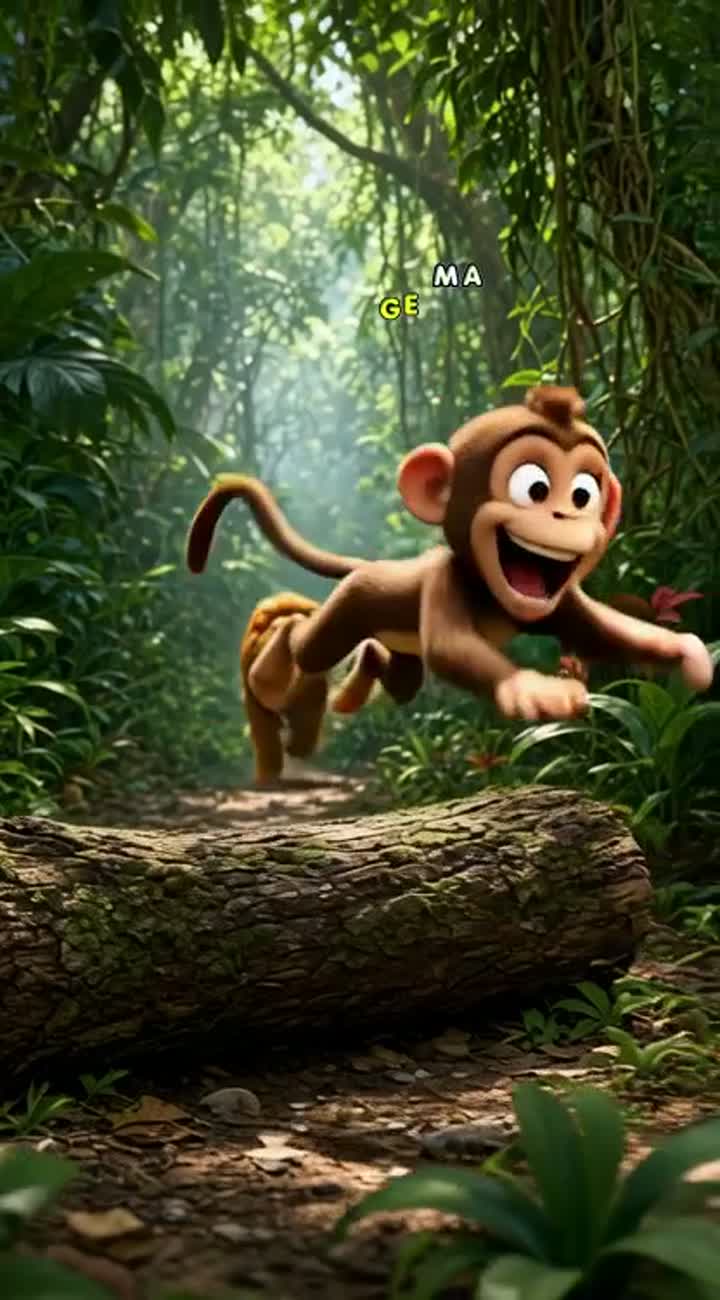A funny 3D cartoon monkey runs fast through a jungle while a lion… — AI cartoon