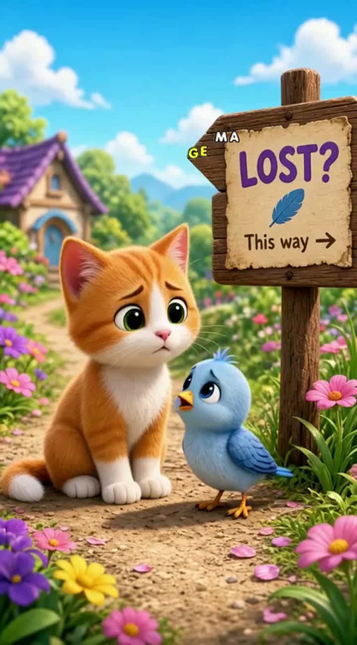 A cute little cat helps a lost baby bird find its mother — AI cartoon