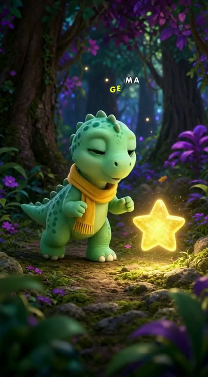 A cute mint-green baby dinosaur wearing a yellow scarf discovers… — AI cartoon