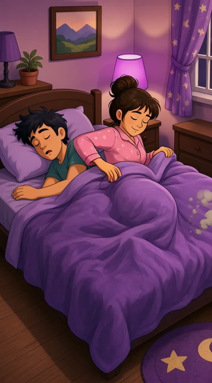 A man sleeps while her wife takes all the blanket and farts — AI cartoon