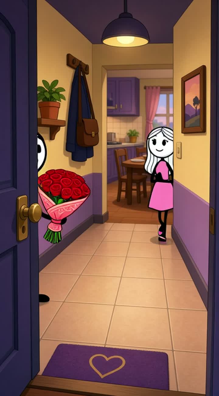 The husband comes home from work with a big bouquet of roses… — AI cartoon