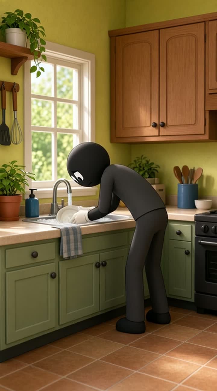 The husband comes into the kitchen to help his wife to tidy up — AI cartoon