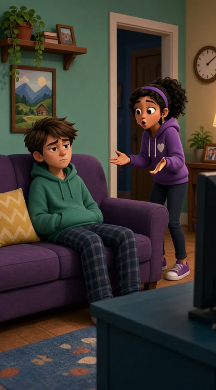 Scene: @Peter is sitting on the sofa watching TV — AI cartoon