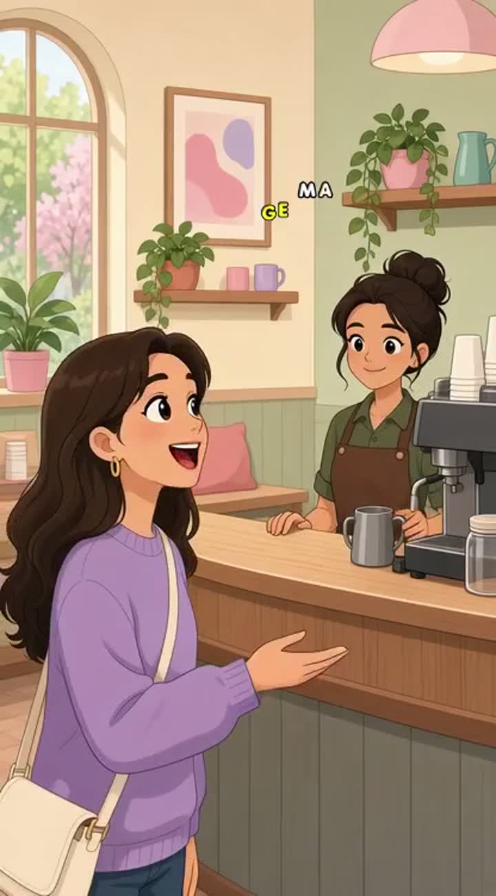 Cute 2D cartoon animation, a friendly young woman ordering coffee… — AI cartoon