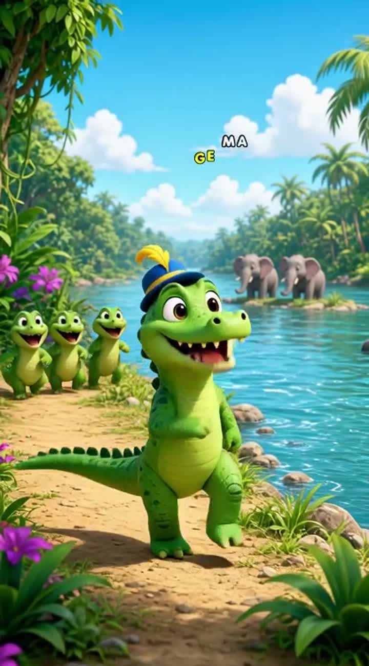 A cute green crocodile wearing a tiny blue hat marches comically… — AI cartoon