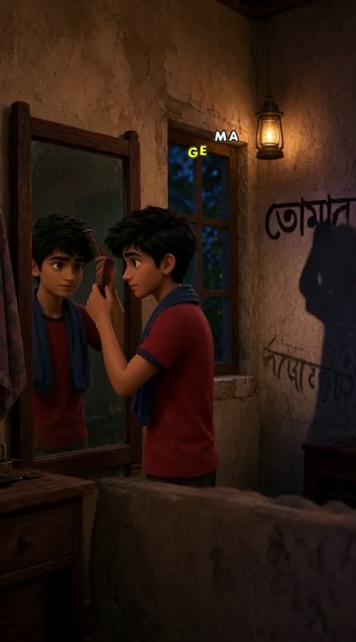 One night, Arin stands in front of a mirror, combing his hair — AI cartoon