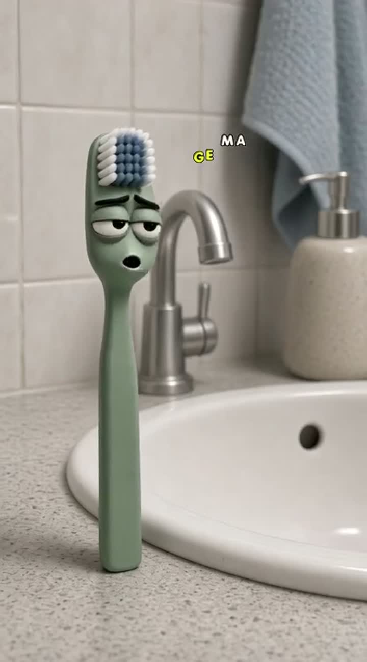 Photorealistic toothbrush with a tired, deadpan face by a bathroom… — AI cartoon