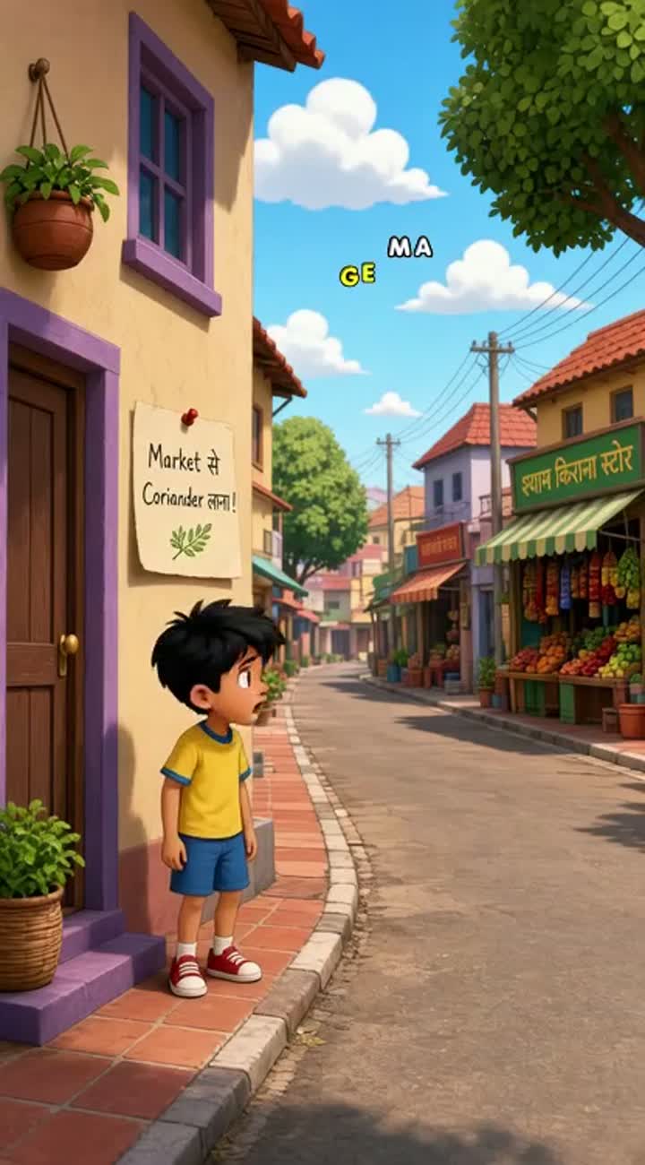 A funny cartoon about a boy who forgets to bring coriander when… — AI cartoon
