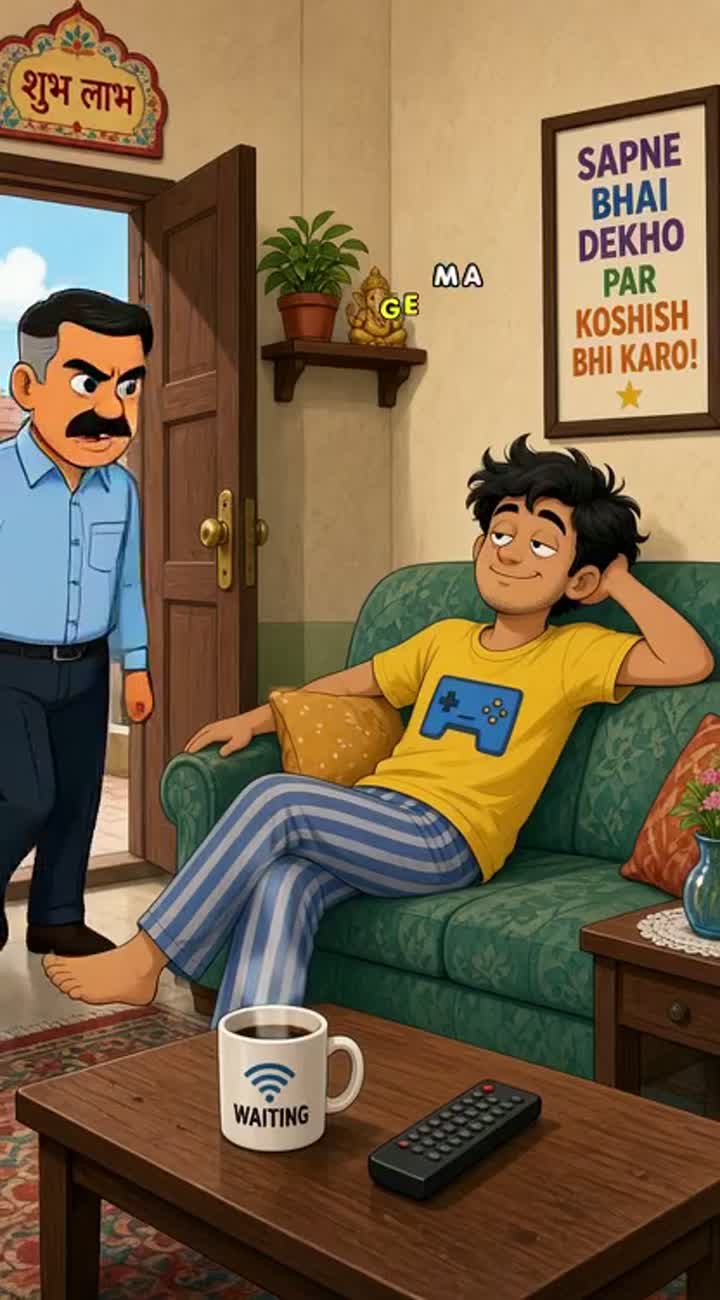 Funny 2D cartoon comedy about an Indian father and his lazy adult son — AI cartoon