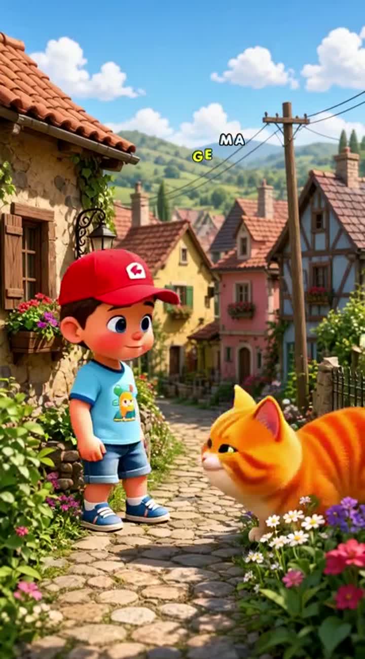 Cute 3D animated cartoon of a little boy and a funny orange cat… — AI cartoon