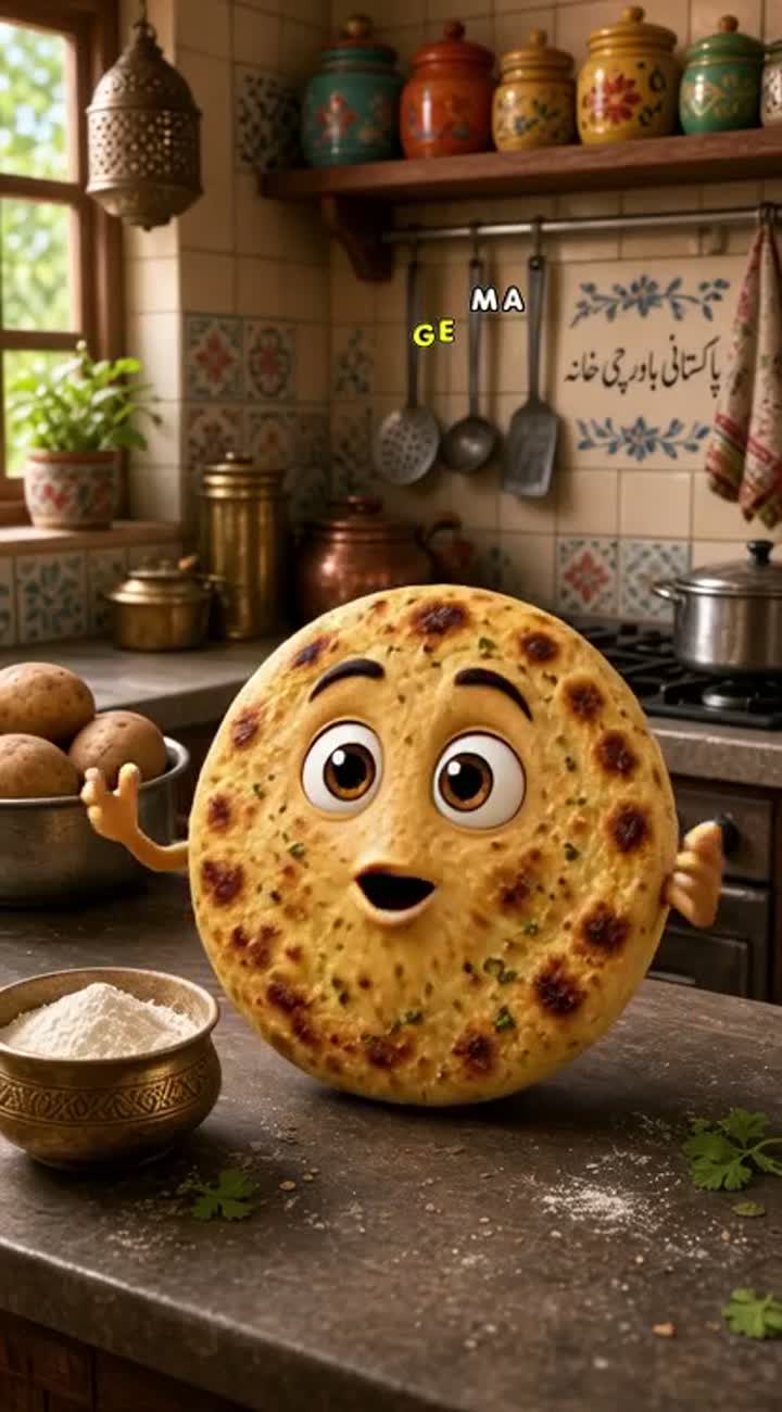 Funny 3D cartoon of a cute aloo paratha with big eyes and a moving… — AI cartoon