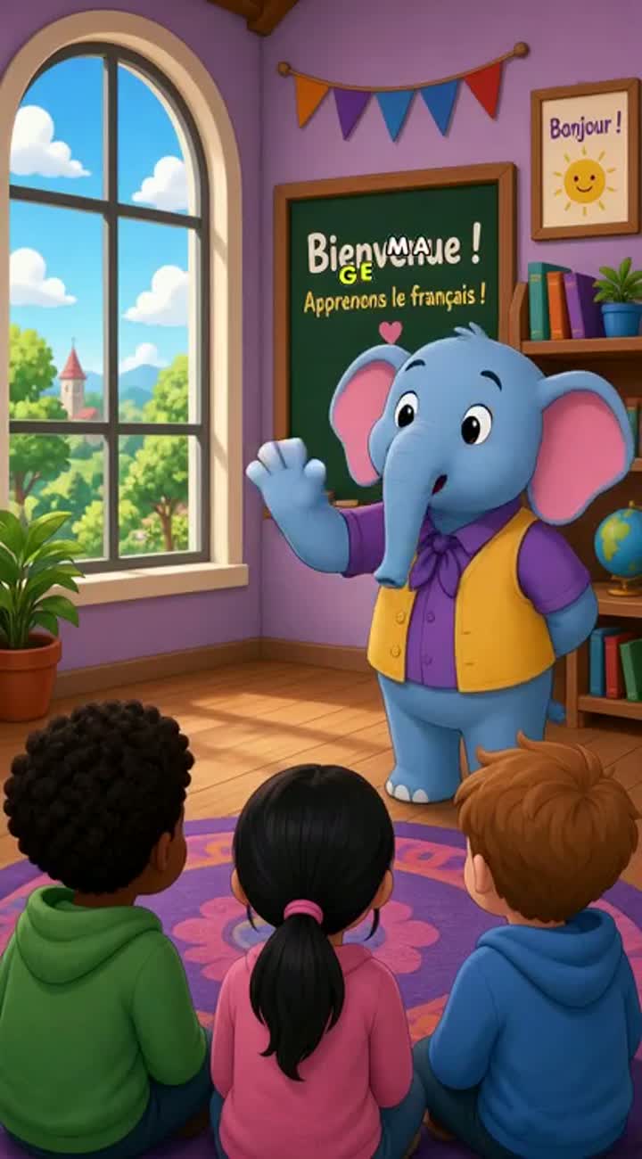 An elephant avator training kids simple french… — AI cartoon