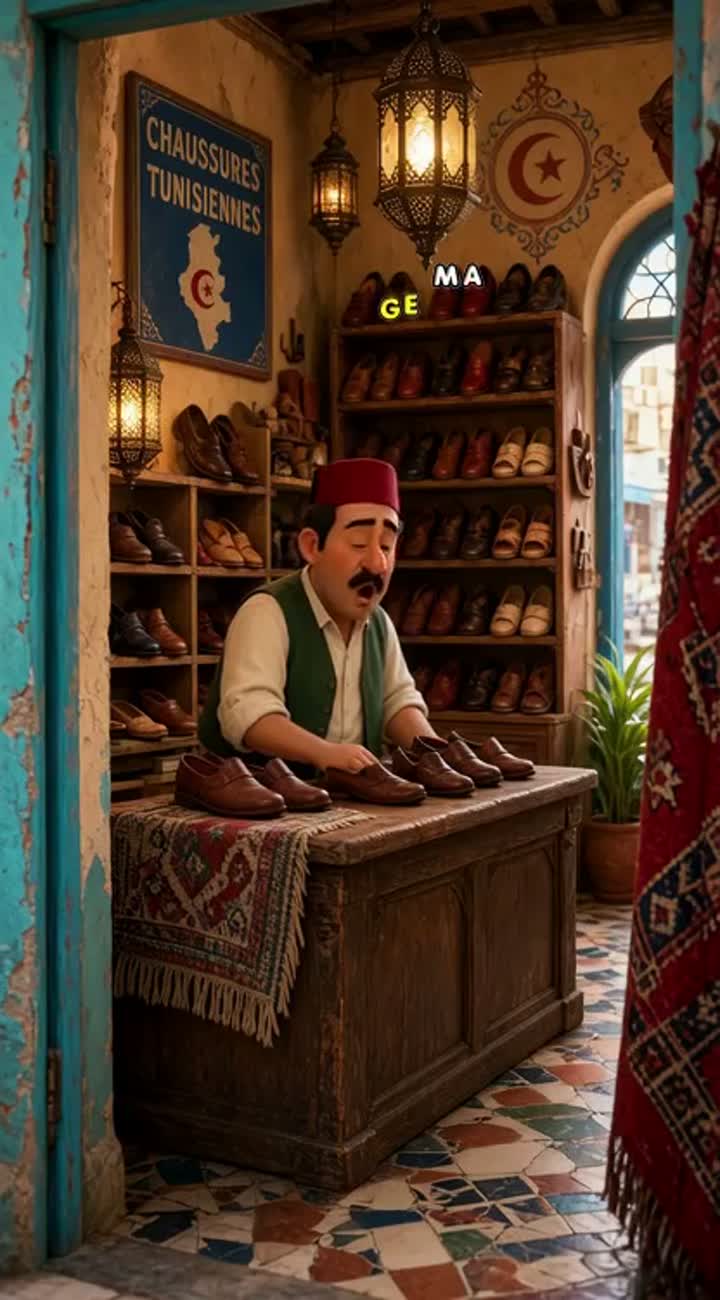 Funny 3D animated cartoon about a Tunisian shopkeeper… — AI cartoon