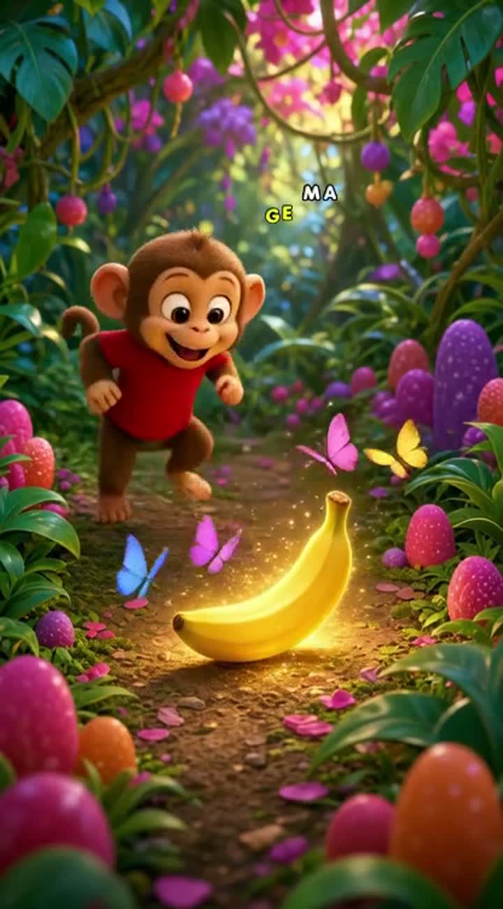A cute little baby monkey wearing a red T-shirt discovers… — AI cartoon