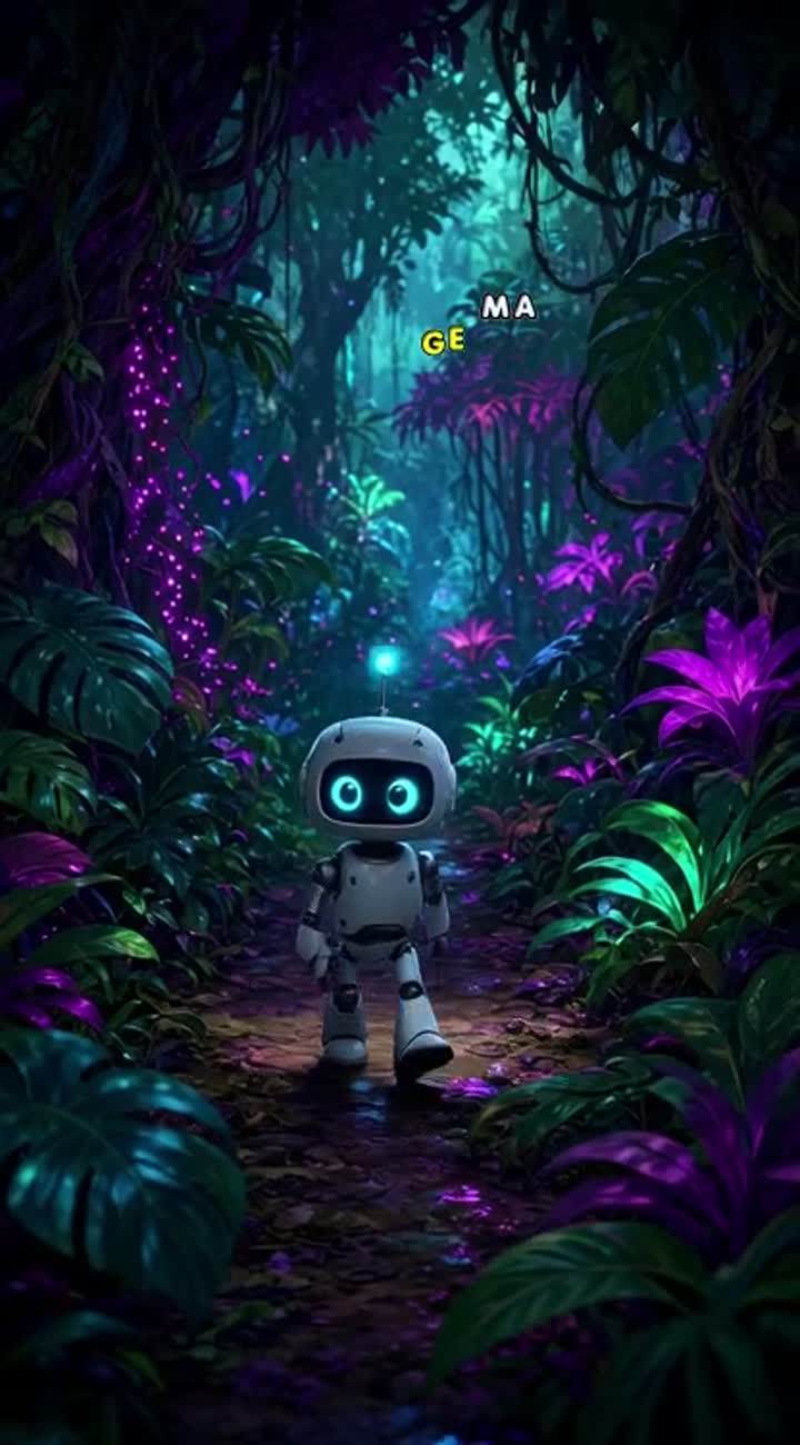 A brave little robot lost in a neon jun — AI cartoon