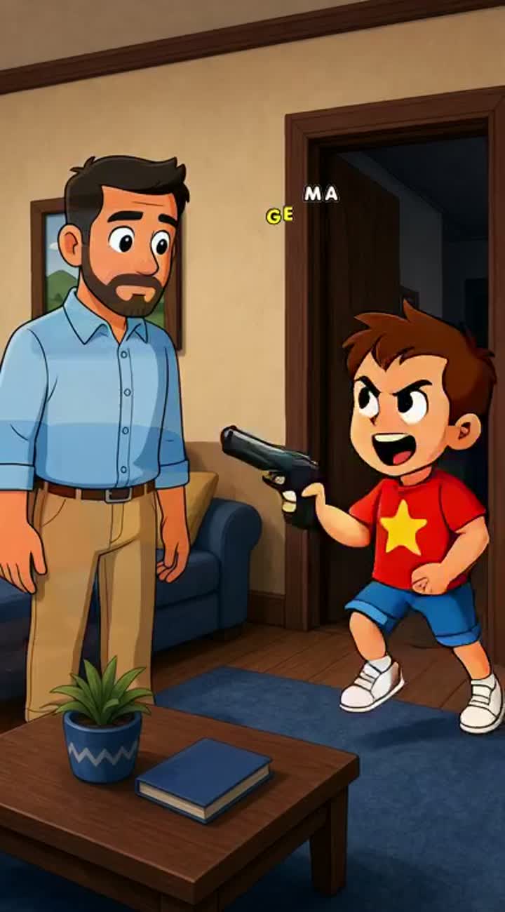 Child holds a gun and threatens his father — AI cartoon