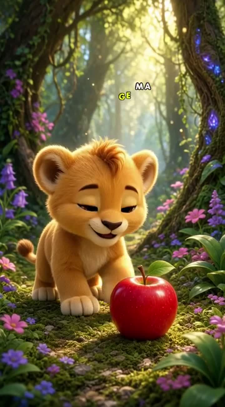A cute little baby lion with big brown eyes finds a red apple… — AI cartoon
