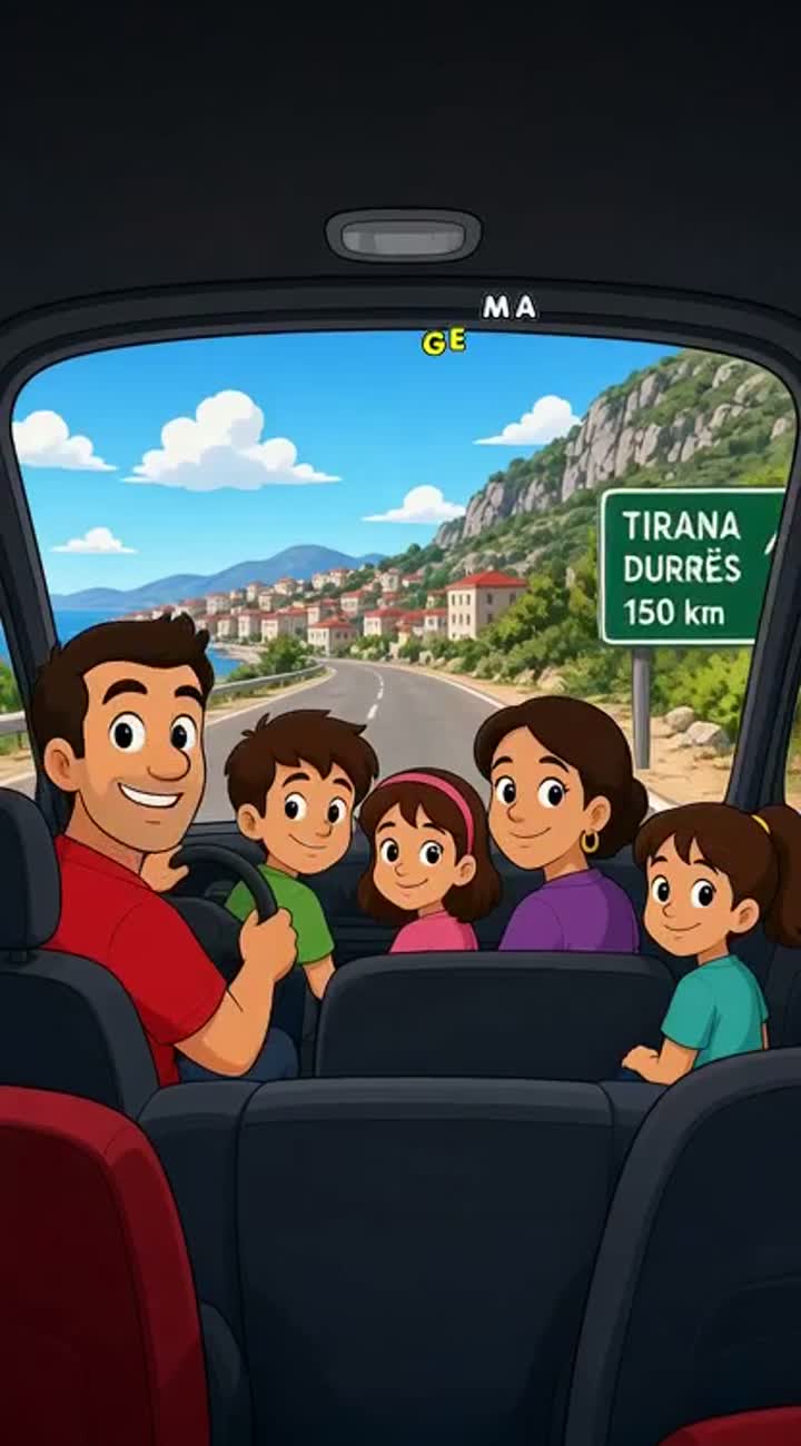 A funny 2D cartoon of Albanien five family members in a car as Dad… — AI cartoon