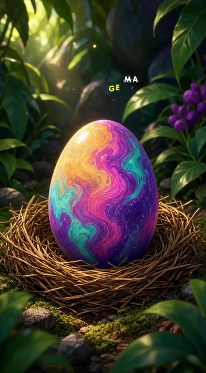 A mysterious egg changes color before hatching into a tiny… — AI cartoon