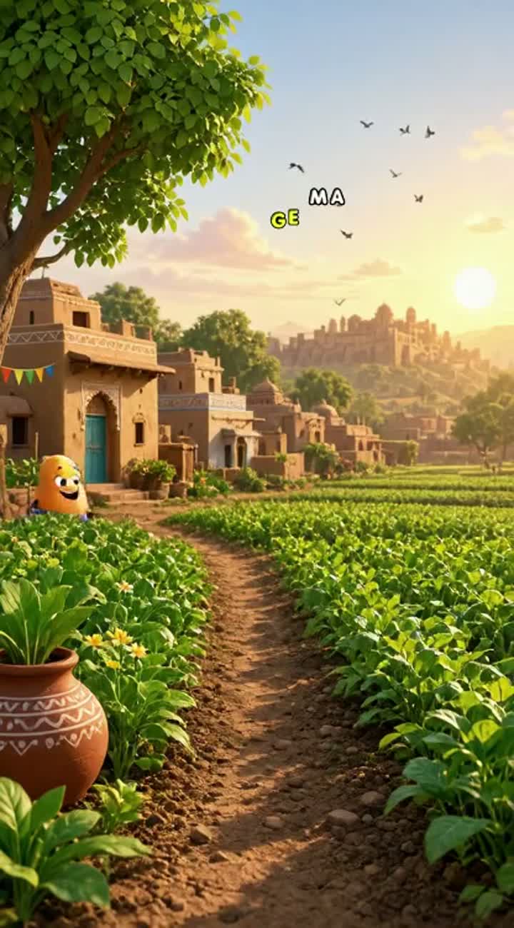 Aloo happily walks into the field and says in Hindi… — AI cartoon