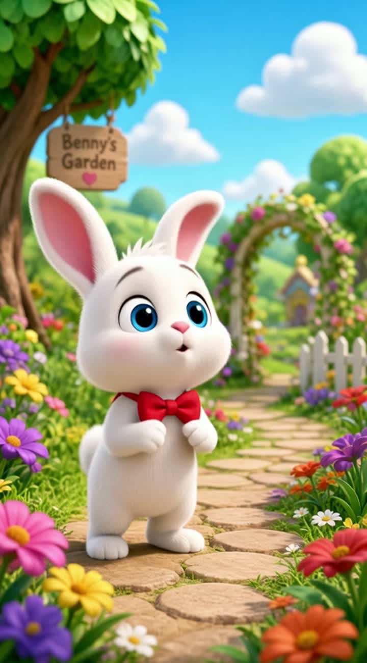 A cute little white rabbit named Benny with big blue eyes… — AI cartoon