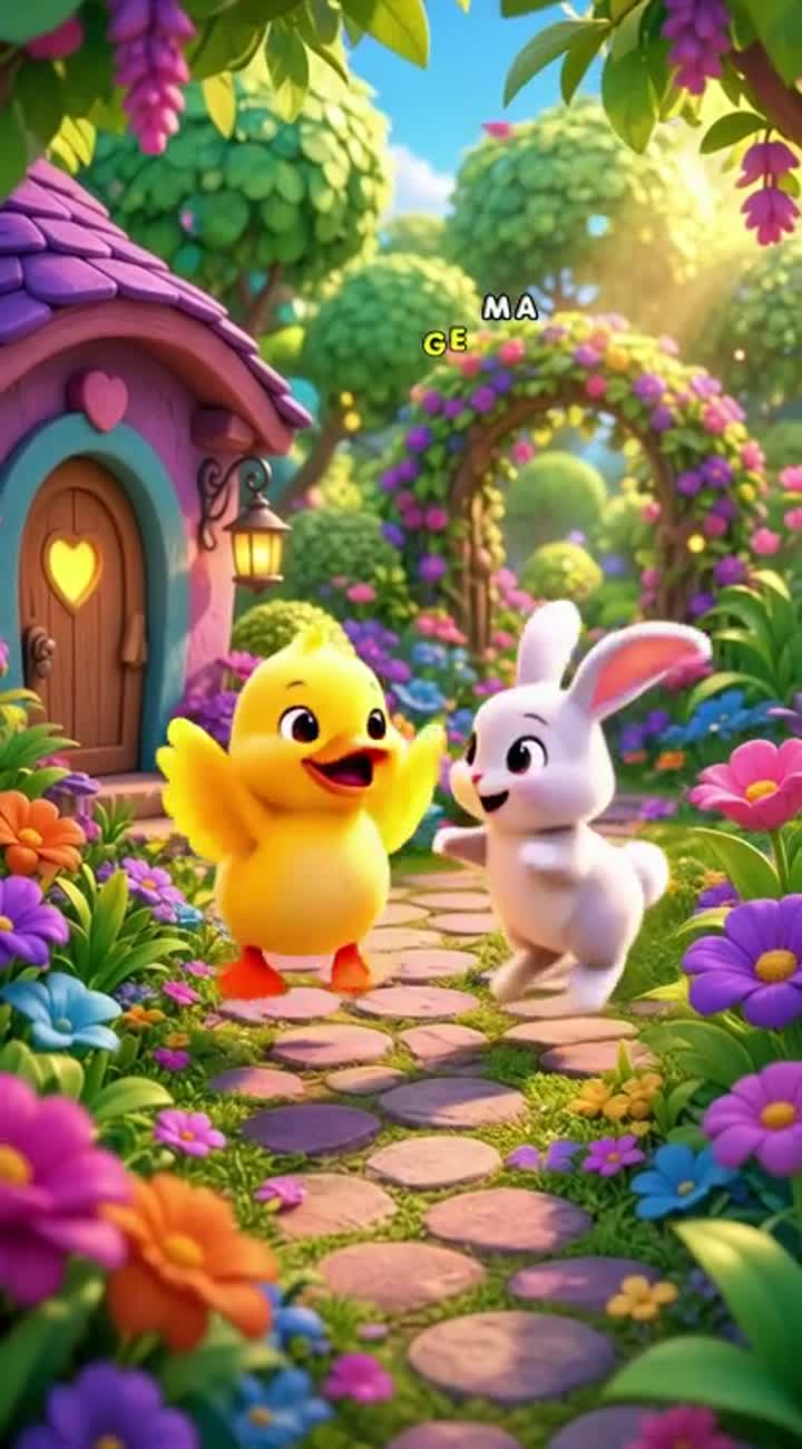 A cute little yellow duck and a friendly baby rabbit playing… — AI cartoon