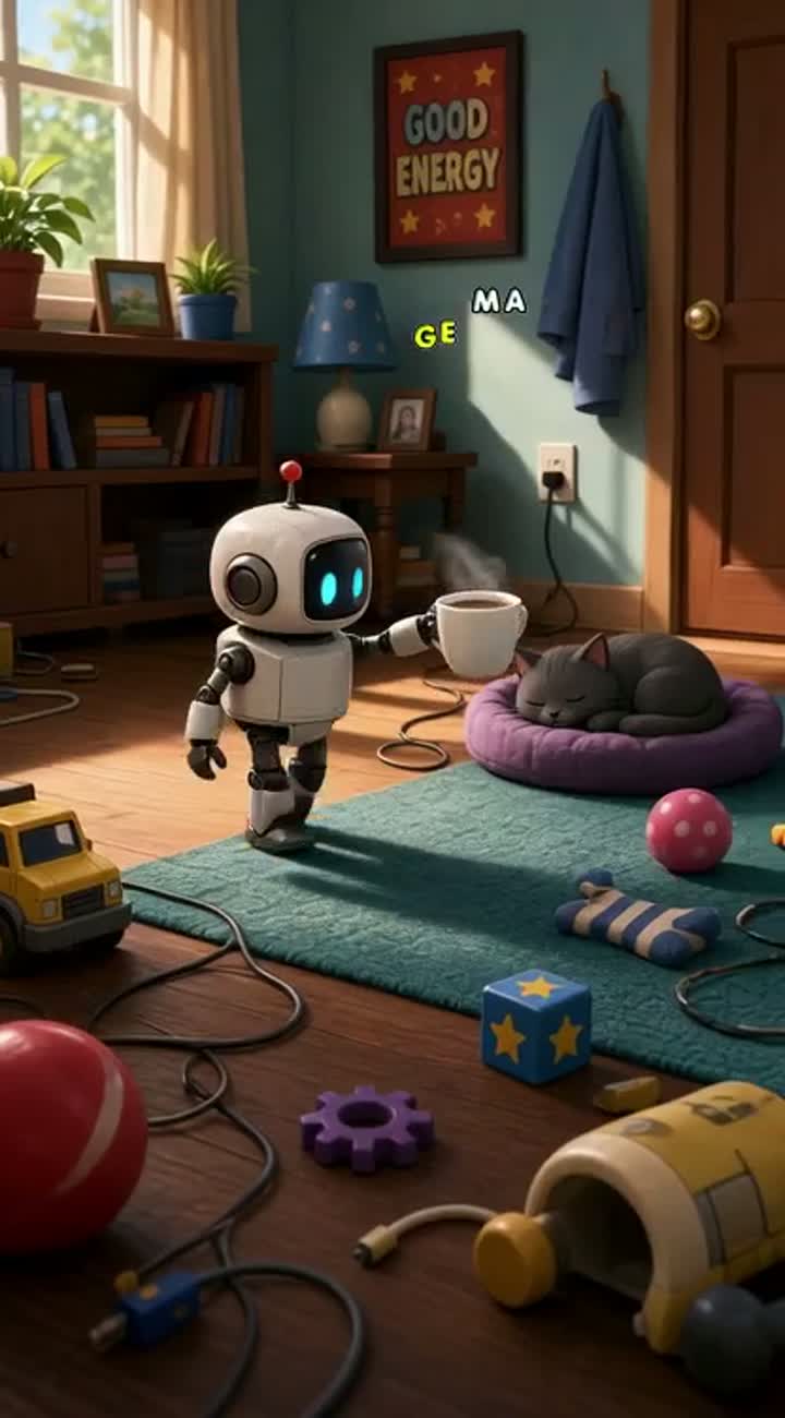 A cute little robot gets his very first task… — AI cartoon