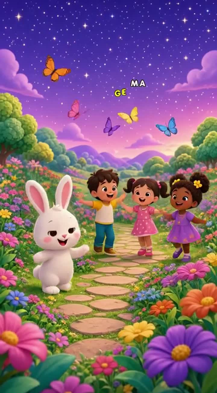 A cute little bunny and happy children dancing in a magical flower… — AI cartoon
