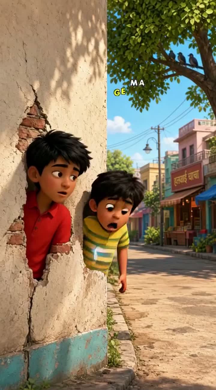 A vibrant, colourful animated cartoon set in a sunlit street — AI cartoon