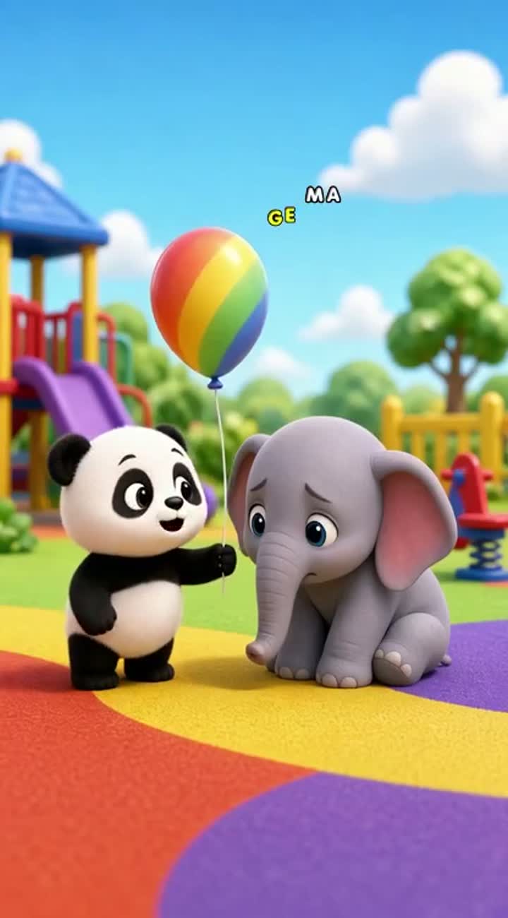 An adorable baby panda gives a colorful balloon to a sad baby elephant — AI cartoon
