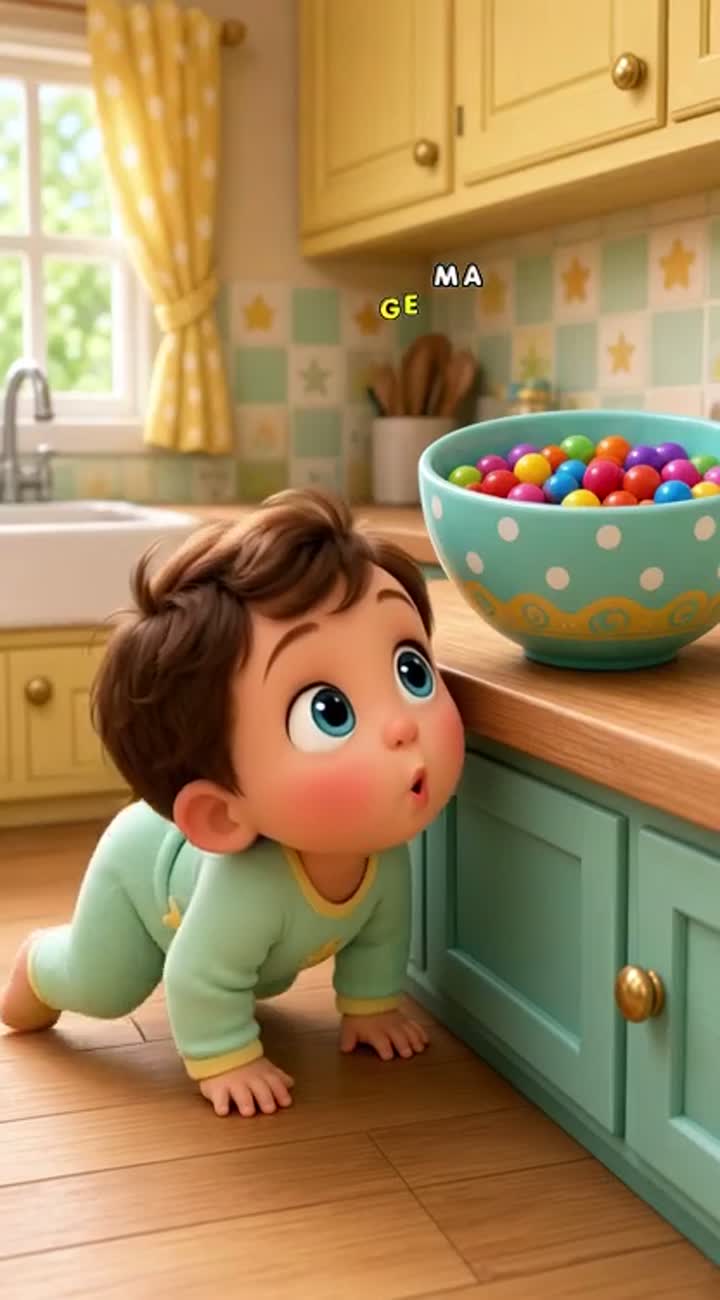 Once upon a time, a tiny baby toddled into the kitchen and spotted… — AI cartoon