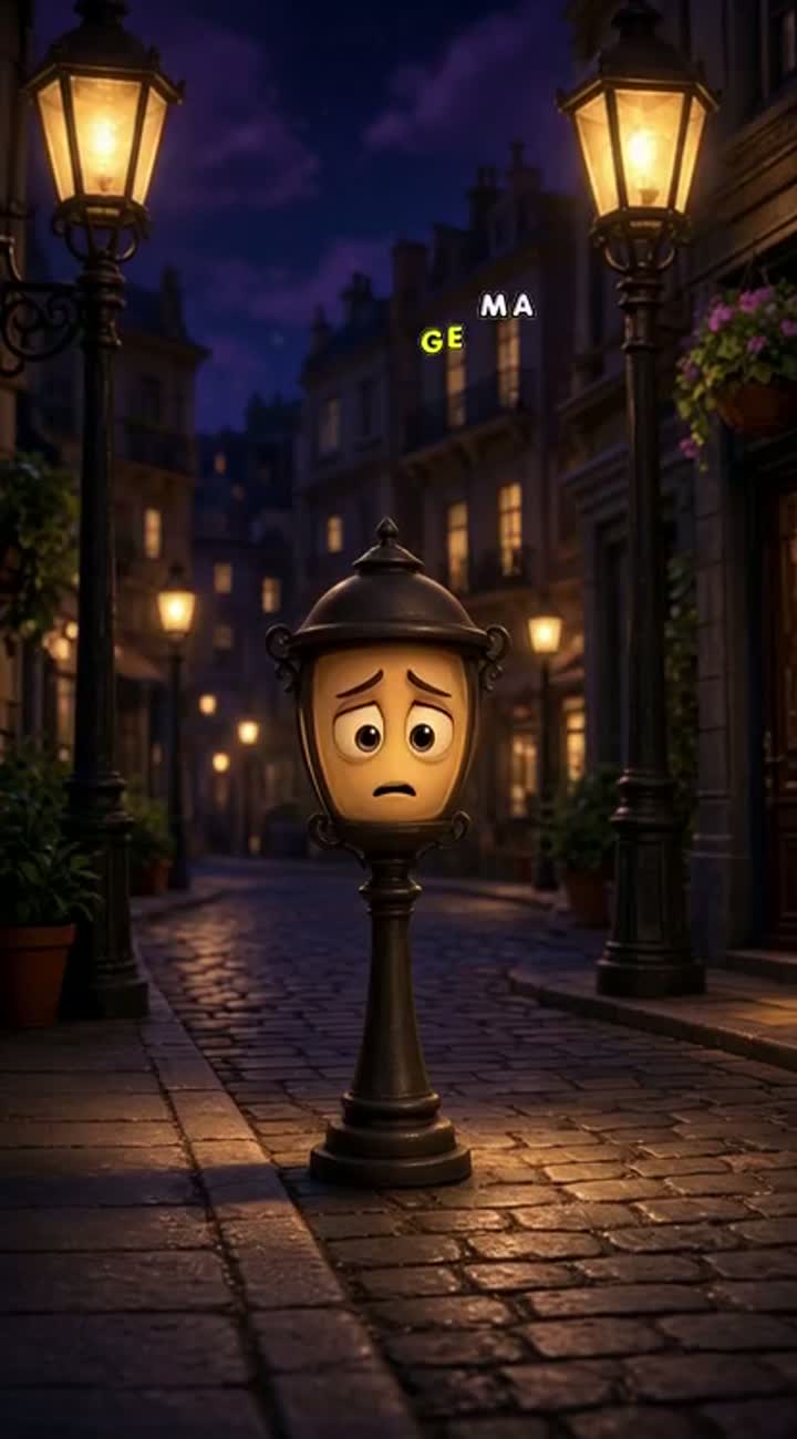 A charming small street lamp with a cute expressive face stands… — AI cartoon