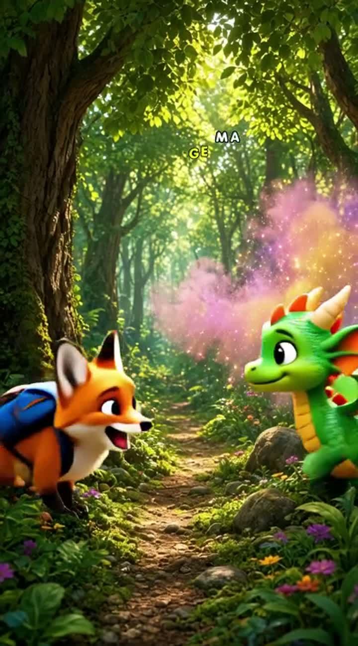 A cute little fox wearing a blue backpack meets a tiny baby dragon… — AI cartoon
