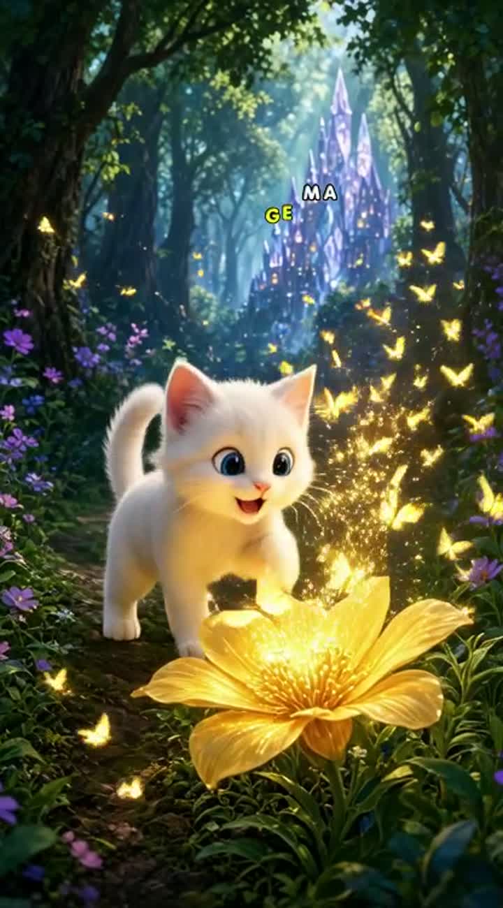 A little white cat with big blue eyes runs through a beautiful… — AI cartoon