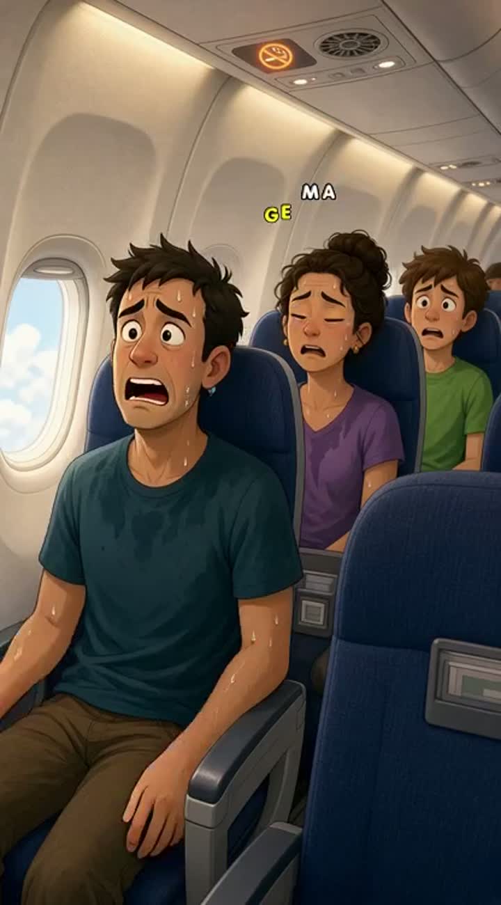 Passengers in the aircraft cabin are sitting and sweating… — AI cartoon