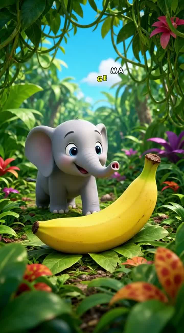 A cute baby elephant finds a giant yellow banana in a colorful jungle — AI cartoon