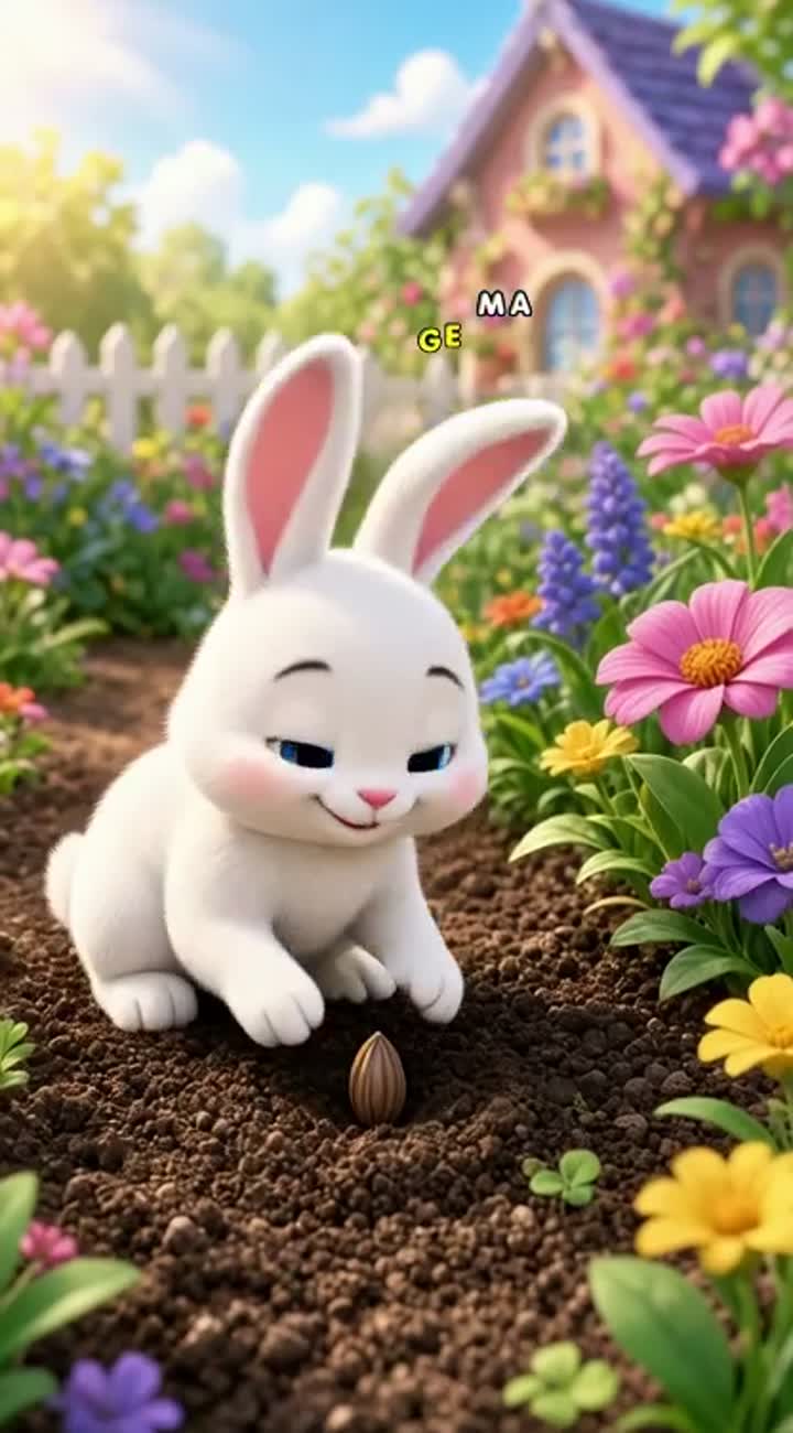 A cute white bunny with pink ears plants a tiny seed in a colorful… — AI cartoon