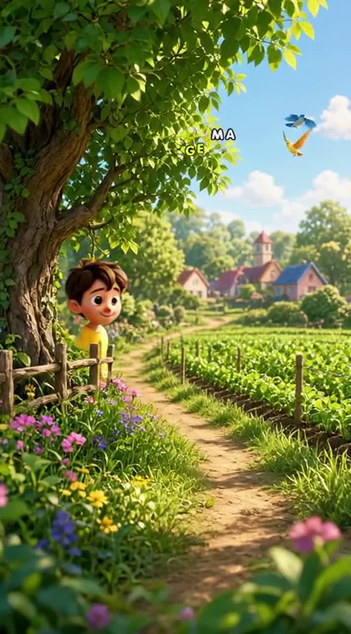A single continuous shot during a peaceful morning in a lush green… — AI cartoon